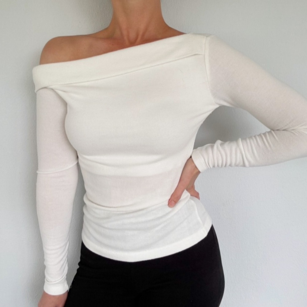 LOFT white asymmetrical off-shoulder lightweight soft stretch knit sweater XS